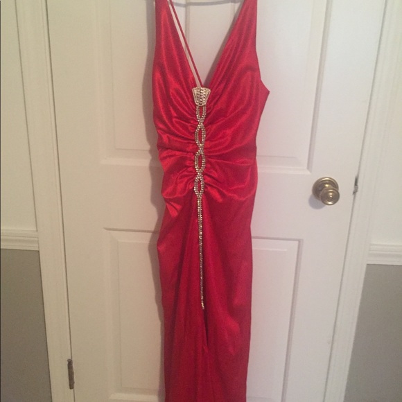 Red Satin Rhinestone Gown - Picture 4 of 5